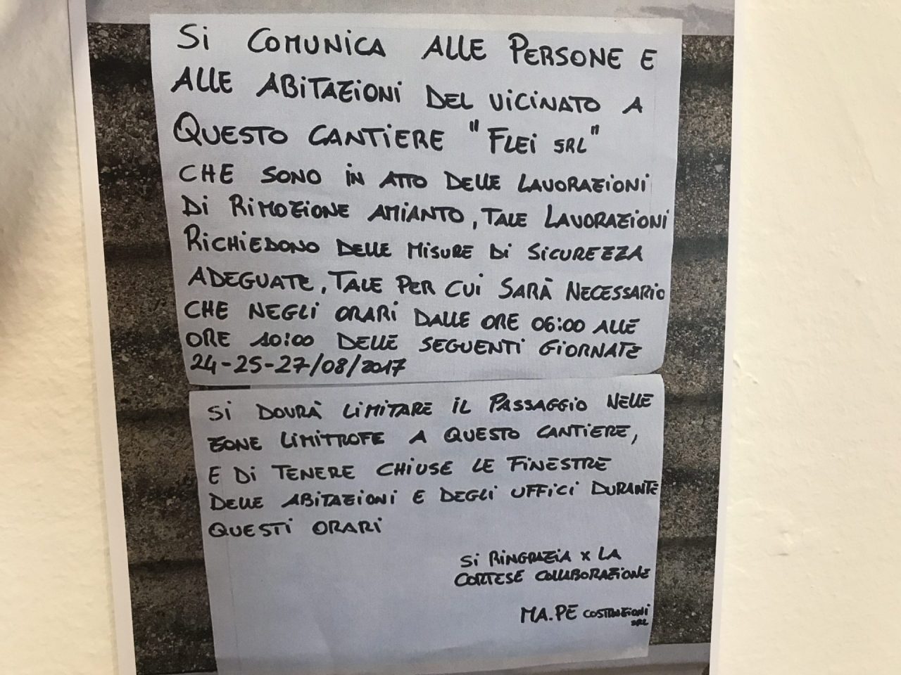 Agrate, l’avviso che spaventa: “Rimuoviamo l’amianto, chiudete le finestre”