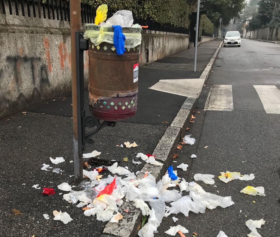 Cestini preda dei corvi in via Leopardi