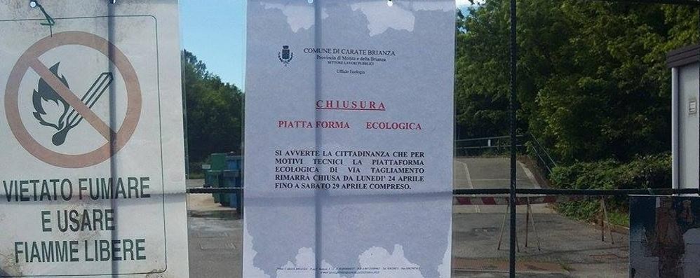 Piattaforma chiusa a Carate, ecocentro in via Olimpia