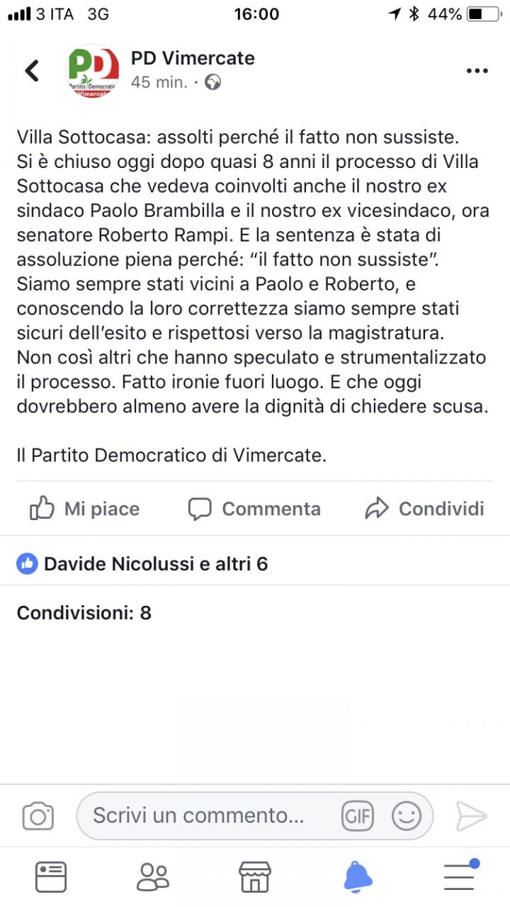 Processo Sottocasa: il Pd di Vimercate chiede le scuse