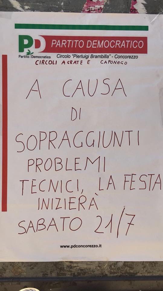 Il via alla Festa de l’Unità posticipato per problemi tecnici