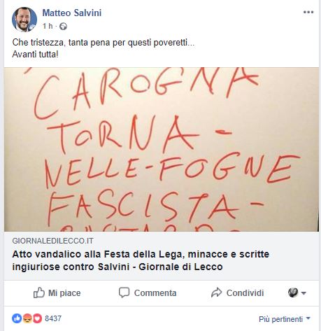 Insulti a Salvini a Cisano e lui replica: “Tanta pena per questi poveretti…”