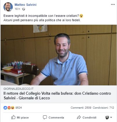 Salvini “bacchetta” don Cristiano: “Alcuni preti pensano alla politica e non ai fedeli”