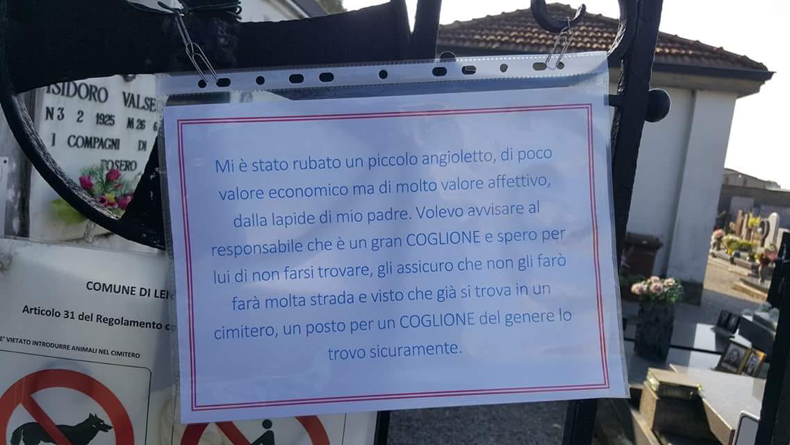 Minacce di morte contro il ladro del cimitero