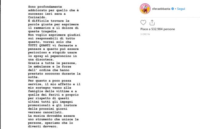 Sfera Ebbasta cancella tutti gli impegni dei prossimi giorni dopo la tragedia di Corinaldo