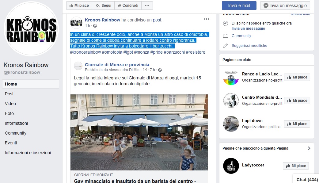Gay insultato | Gruppo LGBT di Monza: “Boicottiamo il bar Zucchi”