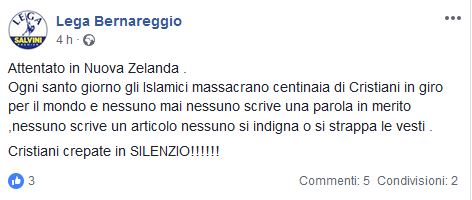 Strage in Nuova Zelanda, post leghista scatena l’ira