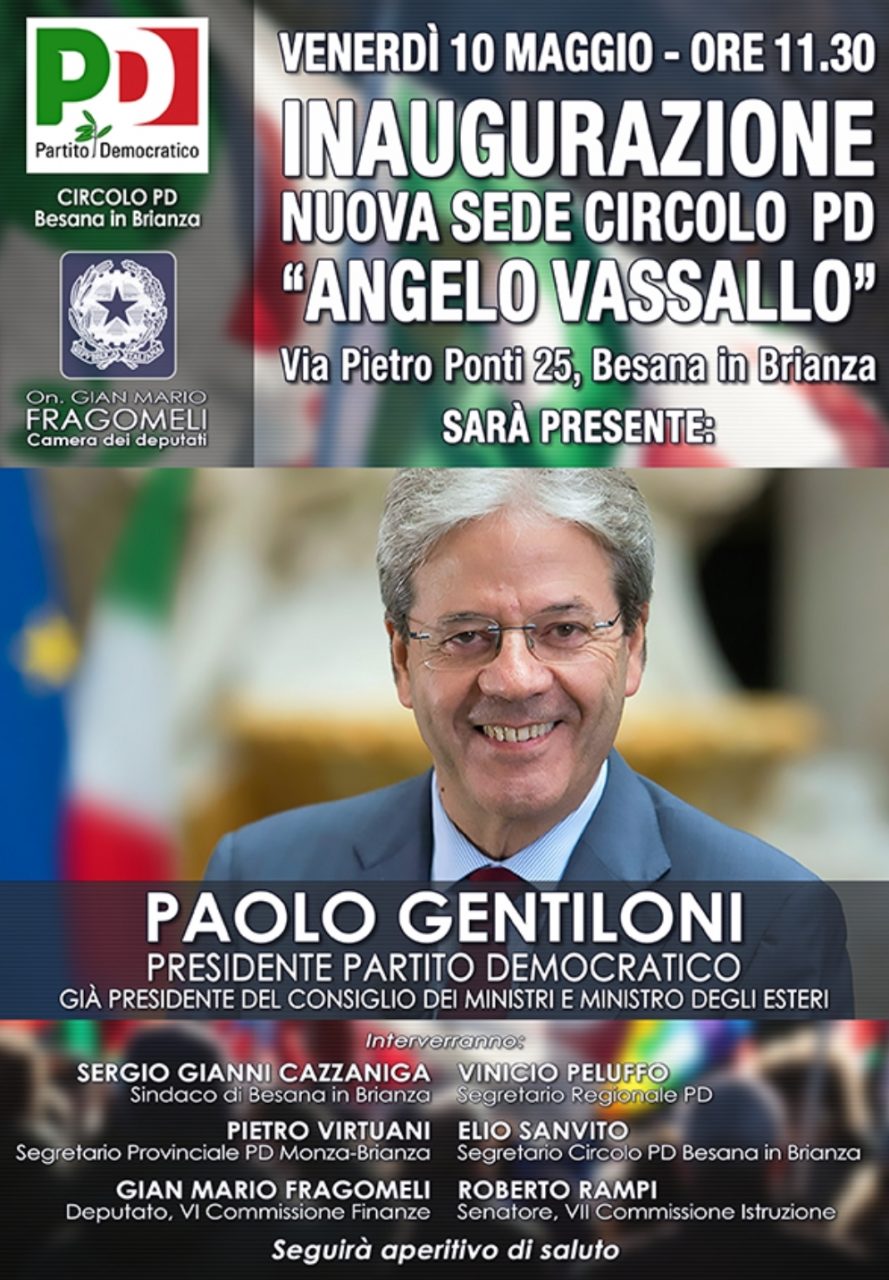 Paolo Gentiloni inaugurerà la nuova sede del Circolo Pd di Besana