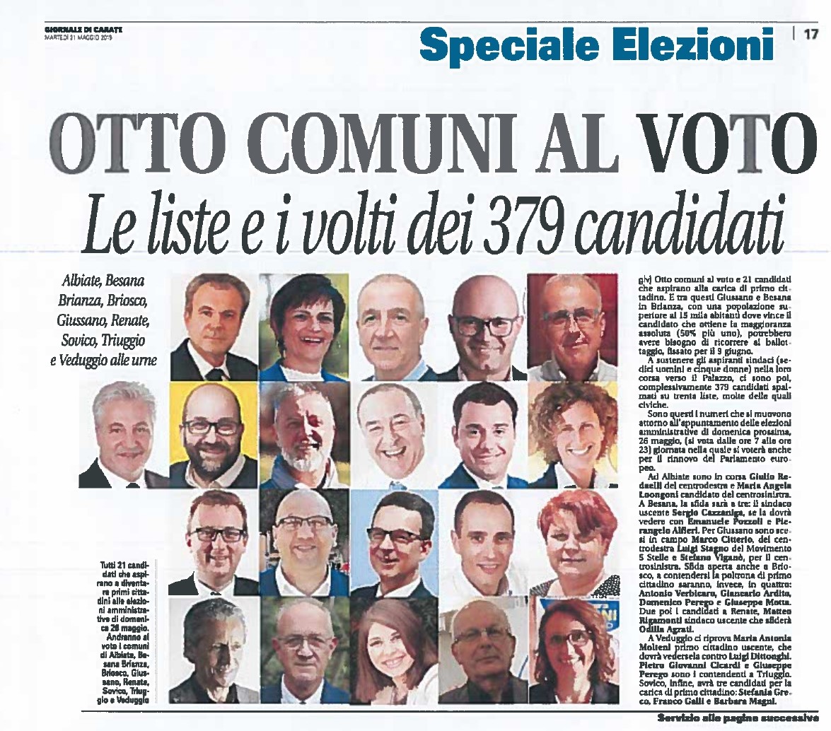 Sul Giornale di Carate oggi in edicola tutti i volti dei candidati alle elezioni amministrative