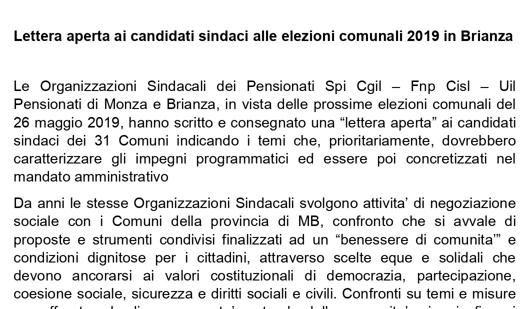 Lettera aperta dei pensionati agli aspiranti sindaco