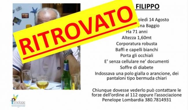 Ritrovato Filippo Vasta, il 71enne scomparso mercoledì da Milano