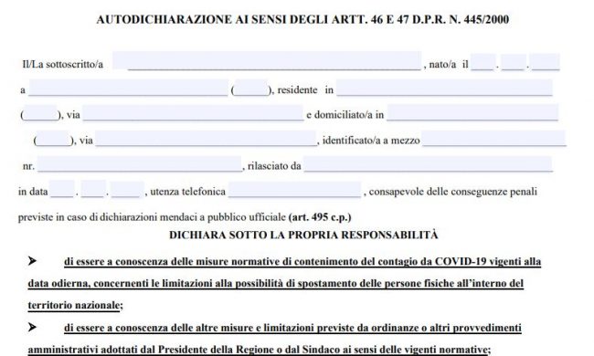 Ultimi tre giorni di zona gialla, poi per muoversi servirà l’autocertificazione CLICCA QUI PER STAMPARLA