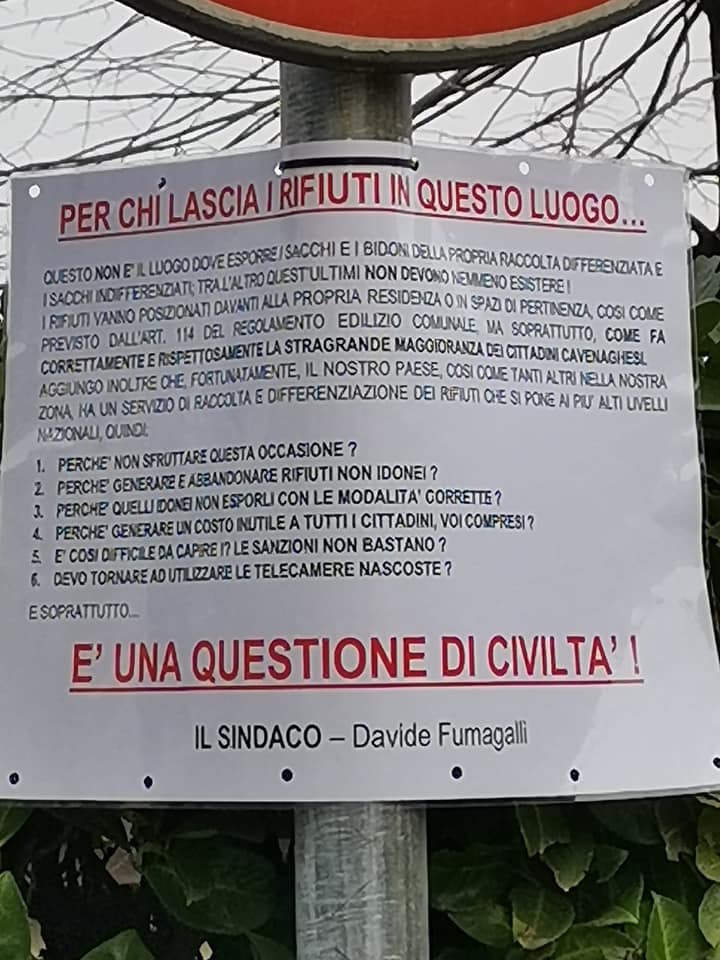 Rifiuti abbandonati, la rabbia del sindaco di Cavenago