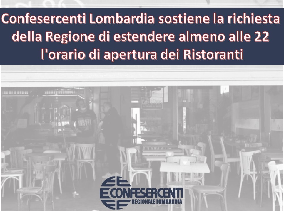 Ristoranti aperti fino alle 22, Confesercenti a fianco della Regione