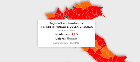 Covid, in Brianza incidenza sopra quota 350
