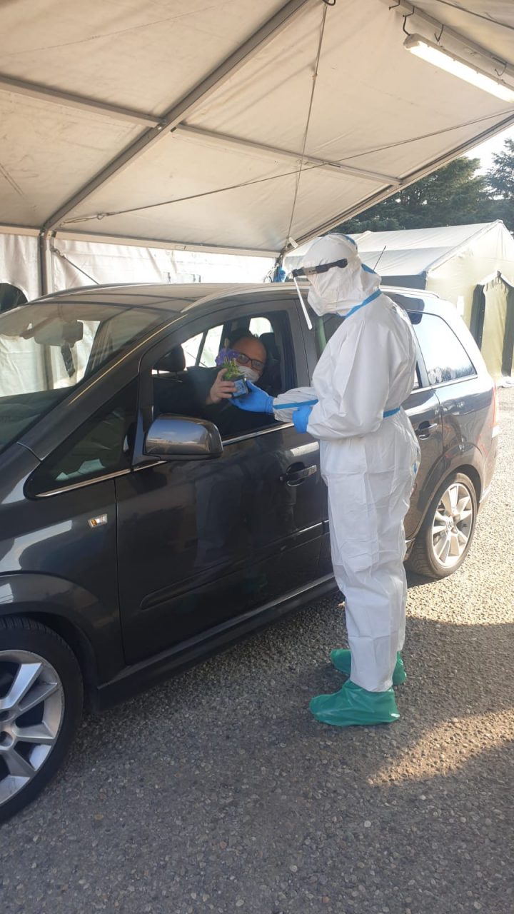 Primule in regalo ai papà al punto tamponi di Meda
