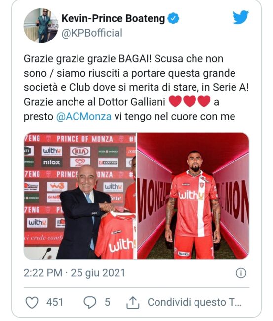 Boateng saluto Monza calcio