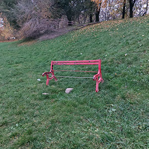 La panchina rossa scompare e ricompare (distrutta) in un campo