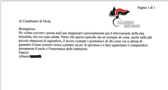 Gli rubano la bici a scuola, i Carabinieri si fingono acquirenti e la ritrovano. A loro una lettera di ringraziamento