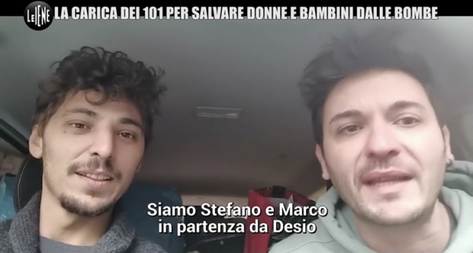 Marco e Stefano con la carovana delle Iene per salvare donne e bambini dalle bombe