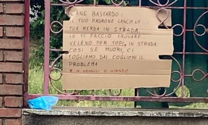 Cartello shock: "Cane bastardo, il tuo padrone lascia la tua m...a in strada. Io ti faccio trovare il veleno per topi"