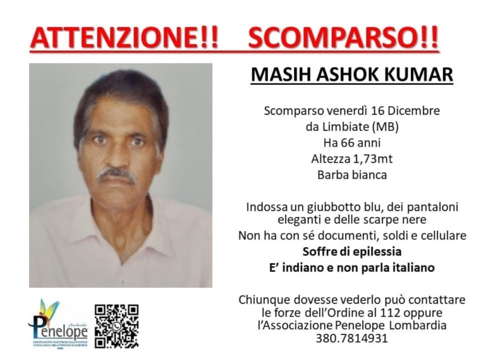 Scomparso a Limbiate, si cerca un uomo di 66 anni