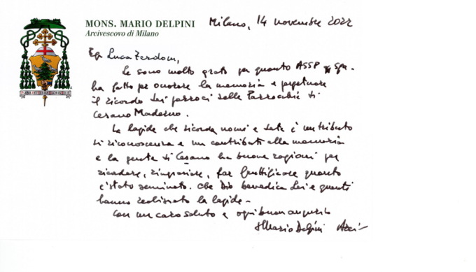L’Arcivescovo Delpini scrive ad Assp: “Grato per la lapide che ricorda i parroci”