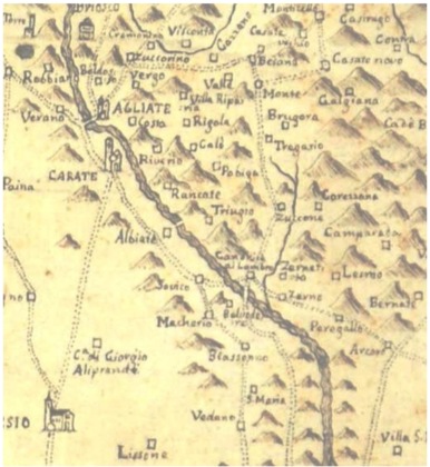 L'estratto dalla cartina-piantina del 1788 dove viene evidenziata la strada descritta: Triug(g)io non ha strade