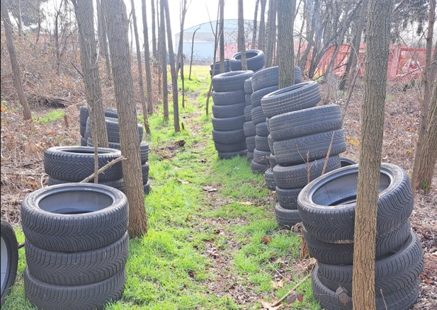 Dozzine di pneumatici abbandonati in un campo