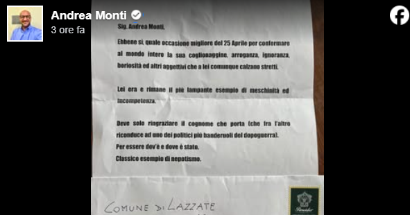Lettera intimidatoria al sindaco Andrea Monti. La Lega “Gesto gravissimo e preoccupante”