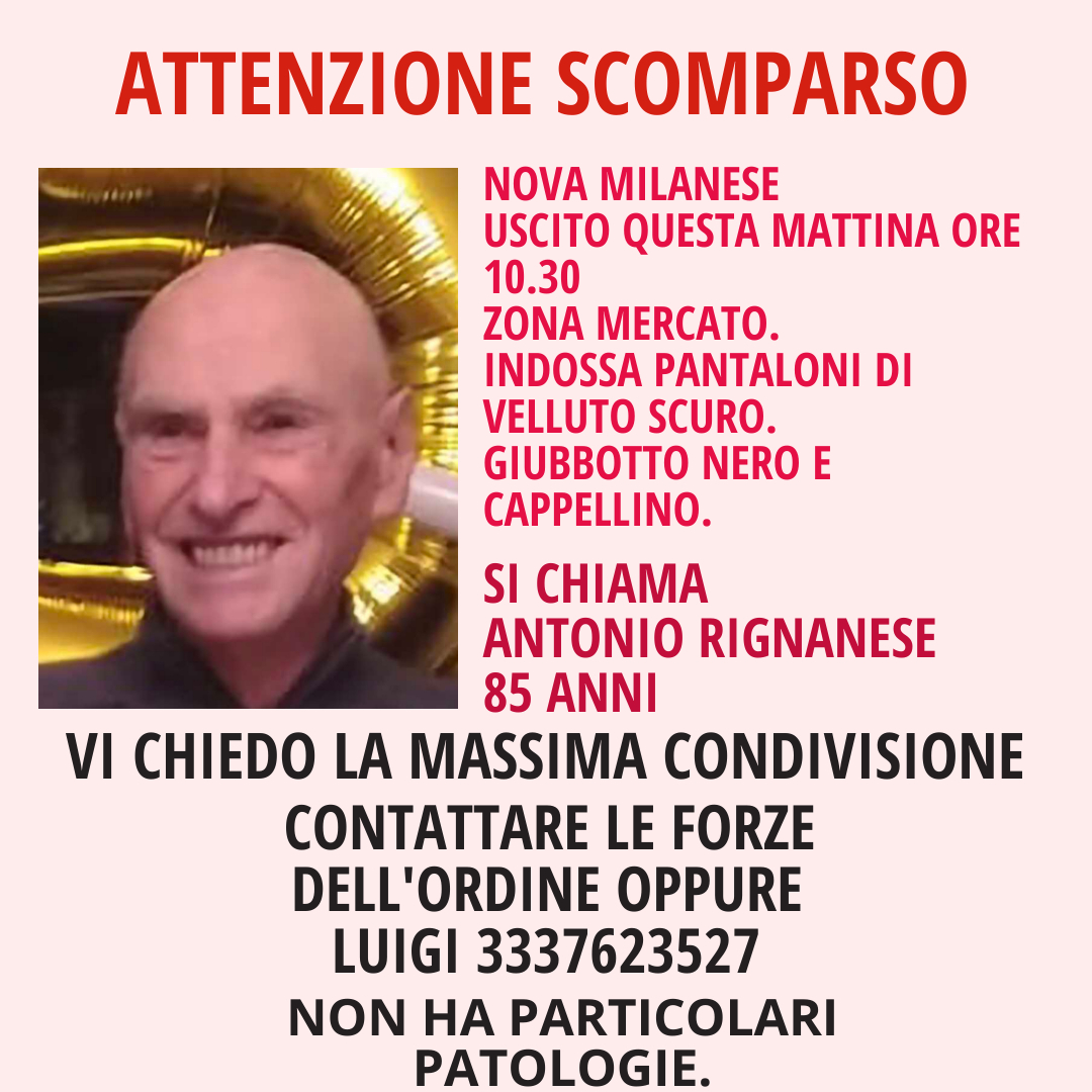 Scomparso 85enne, si cerca Antonio Rignanese