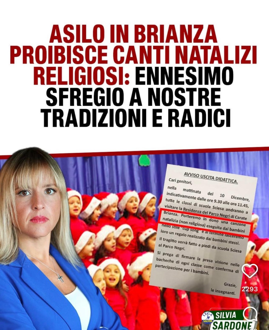 Canti di Natale non religiosi all’asilo di Carate: duro attacco dell’europarlamentare della Lega Silvia Sardone