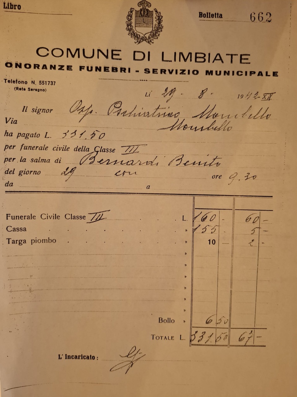 Esclusivo: l’atto del funerale del figlio del Duce che fu internato a Mombello