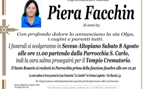 E’ mancata all’improvviso Piera Facchin, storica dipendente del Comune