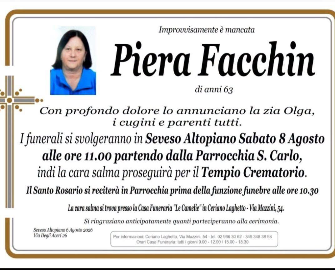 E’ mancata all’improvviso Piera Facchin, storica dipendente del Comune